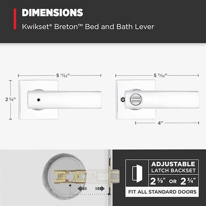 Kwikset Breton Interior Privacy Door Handle with Lock, Door Lever For Bathroom and Bedroom, Polished Chrome Reversible Keyless Turn Lock