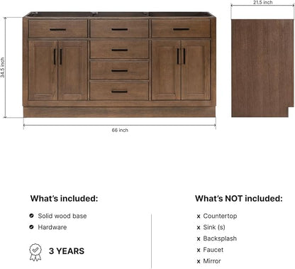 ARIEL Hepburn 66-inch Bathroom Vanity Base Cabinet,Solid Wood, 4 Soft Closing Doors, 6 Dovetail Drawers, Brown Oak