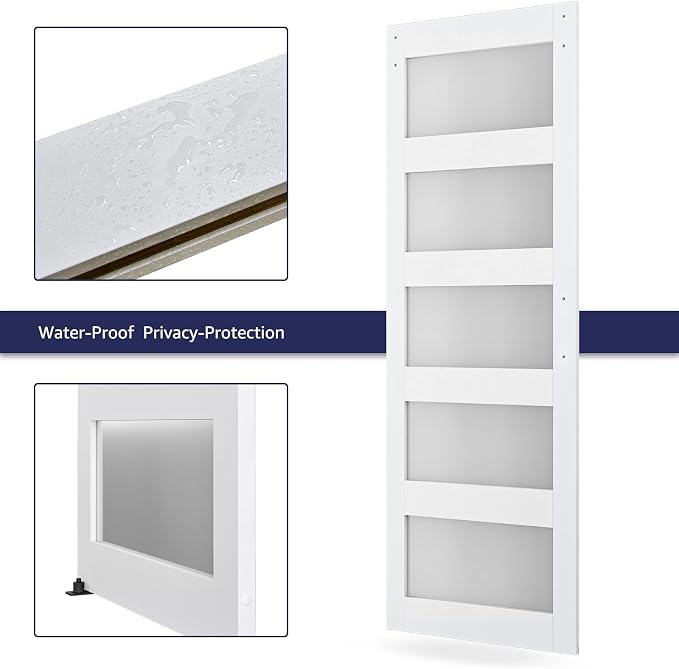 30in x 84in 5-Panel Sliding Glass Barn Door with 4ft Hardware Kit | Easy Assembly with Pre-Drilled Holes, Waterproof, Frosted Glass for Bathroom-Fit Max Opening 28in x 82in