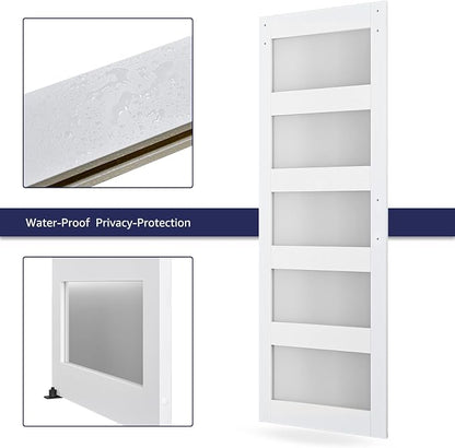 30in x 84in 5-Panel Sliding Glass Barn Door with 4ft Hardware Kit | Easy Assembly with Pre-Drilled Holes, Waterproof, Frosted Glass for Bathroom-Fit Max Opening 28in x 82in