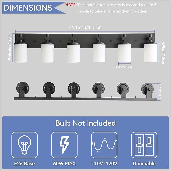 LOUSACE Bathroom Lighting Fixture Over Mirror, 6 Light Bathroom Vanity Lights Matte Black with Opal White Glass Shades, E26 Bulb Base, Wall Sconces Vanity Lighting Fixtures for Bathroom Living Room