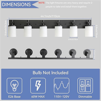 LOUSACE Bathroom Lighting Fixture Over Mirror, 6 Light Bathroom Vanity Lights Matte Black with Opal White Glass Shades, E26 Bulb Base, Wall Sconces Vanity Lighting Fixtures for Bathroom Living Room