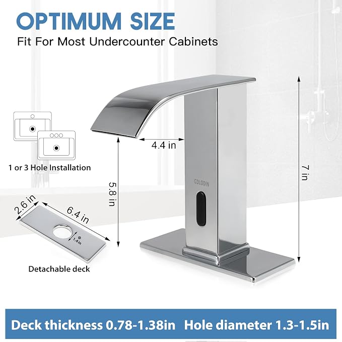 Automatic Sensor Touchless Bathroom Faucet, Modern Chrome Bathroom Faucet for Sink 1 Hole, Waterfall Single Hole Bathroom Sink Faucet Stainless Steel, Hands Free Motion Sensor Lavatory Faucet