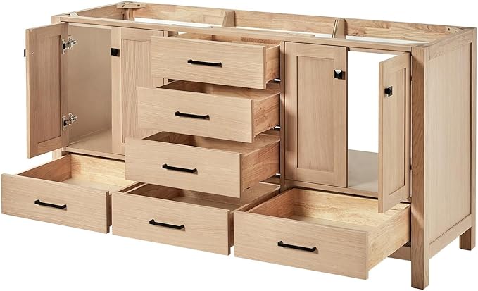 ARIEL Cambridge 66-inch Bathroom Vanity Base Cabinet,Solid Wood, 4 Soft Closing Doors, 6 Dovetail Drawers, White Oak