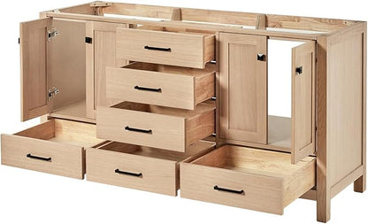 ARIEL Cambridge 66-inch Bathroom Vanity Base Cabinet,Solid Wood, 4 Soft Closing Doors, 6 Dovetail Drawers, White Oak