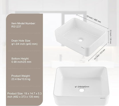 VEVOR Rectangle Vessel Sink, 19" x 14.7" Countertop, White Ceramic Above Counter, Modern Style, Bright and Elegant, Well-Packaged for Bathroom, Hotel, Toilet, RV