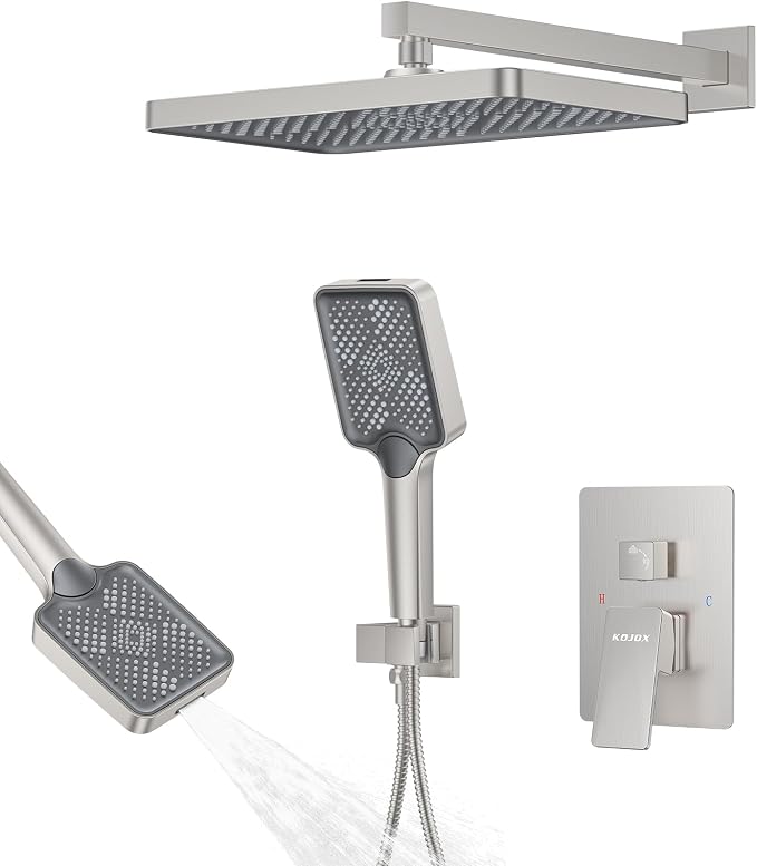 Shower System 13-Inch Rainfall Shower Head - 3 Setting Handheld Sprayer, Complete Bathroom Set with Faucet Mixer Trim Kit & Valve Brushed Nickel