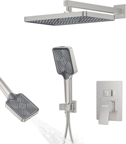 Shower System 13-Inch Rainfall Shower Head - 3 Setting Handheld Sprayer, Complete Bathroom Set with Faucet Mixer Trim Kit & Valve Brushed Nickel