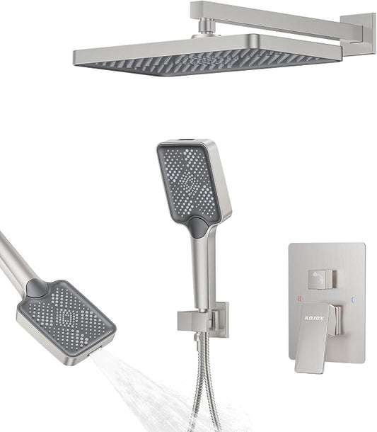 Shower System 13-Inch Rainfall Shower Head - 3 Setting Handheld Sprayer, Complete Bathroom Set with Faucet Mixer Trim Kit & Valve Brushed Nickel