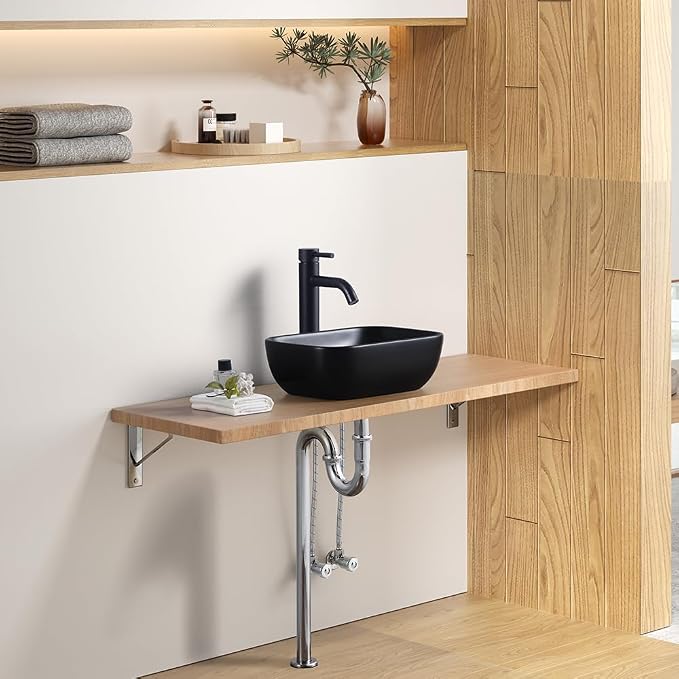 Black Vessel Sink 14.5"x10" Small Bathroom Sink Above Counter | 14 Inch Small Vessel Sink Black Ceramic Porcelain Bowl for Vanity Wash Basin Countertop Design