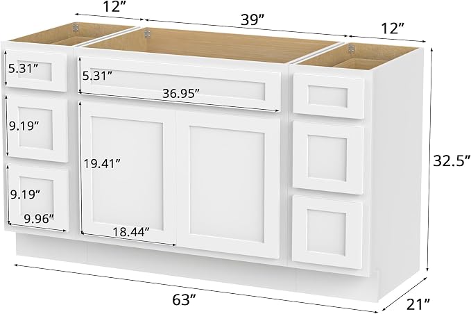 HomeBeyond 63 Inch Bathroom Vanity Base Only, Single Vanity Cabinet with Dove-Tailed Drawers, Soft-Closing Doors, White, Without Top,Small