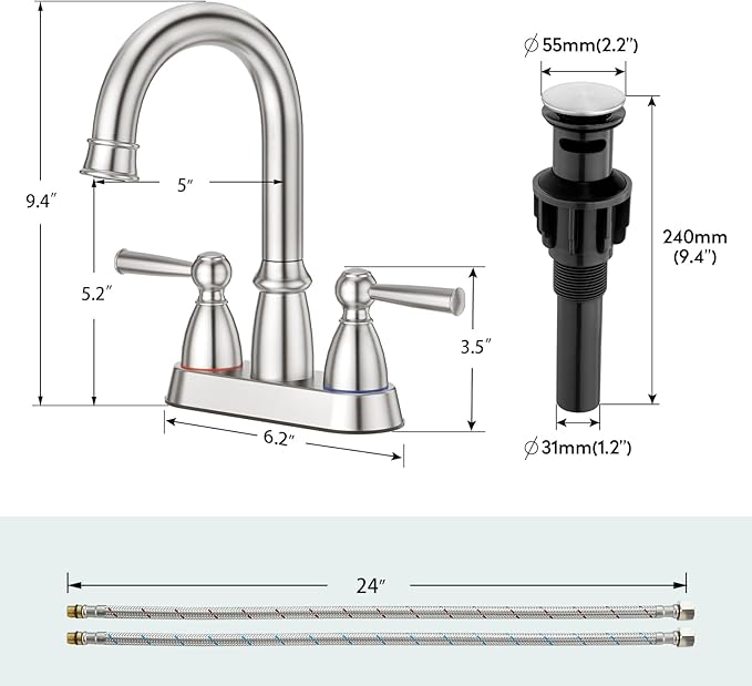 CREA Centerset Bathroom Faucet 3 Holes,4 Inch Bathroom Faucets Double Handles,360°Swivel Bathroom Faucet with Pop Up Drain,Brushed Nickel Bathroom Vanity Faucet Basin Mix Tap(cPUC Line)