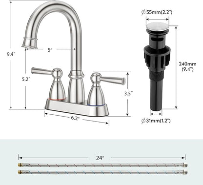 CREA Centerset Bathroom Faucet 3 Holes,4 Inch Bathroom Faucets Double Handles,360°Swivel Bathroom Faucet with Pop Up Drain,Brushed Nickel Bathroom Vanity Faucet Basin Mix Tap(cPUC Line)