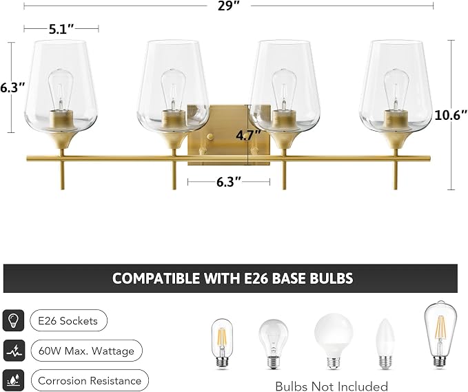VONLUCE 4 Light Bathroom Vanity Light Fixture,Brushed Gold | Wine Glass Shades, E26 Sockets, Easy to install, Vanity Lights for Bathroom Bedroom Hallway Living Room