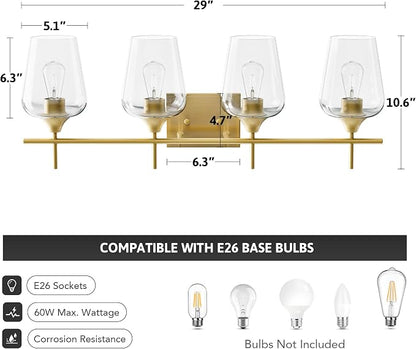 VONLUCE 4 Light Bathroom Vanity Light Fixture,Brushed Gold | Wine Glass Shades, E26 Sockets, Easy to install, Vanity Lights for Bathroom Bedroom Hallway Living Room