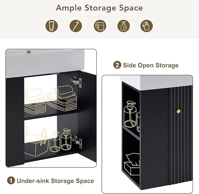 21.6 in Floating Bathroom Vanity with Sink,Soft Closing Doors,Solid Wood Frame & MDF Modern Single Small Black Bathroom Vanity Cabinet with Open Shelf,Wall Mounted