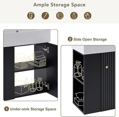 21.6 in Floating Bathroom Vanity with Sink,Soft Closing Doors,Solid Wood Frame & MDF Modern Single Small Black Bathroom Vanity Cabinet with Open Shelf,Wall Mounted