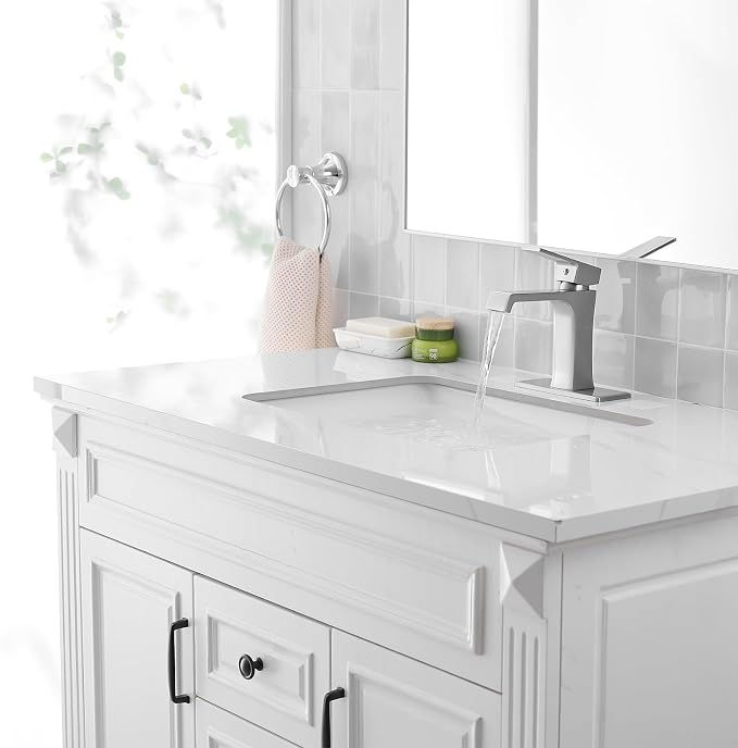 Waterfall Bathroom Faucet Brushed Nickel Bathroom Sink Faucet, Modern Single Hole Bathroom Faucet, Single Handle RV Sink Vanity Faucet—Includes Pop-Up Drain, Suitable for 1-Hole or 3-Hole