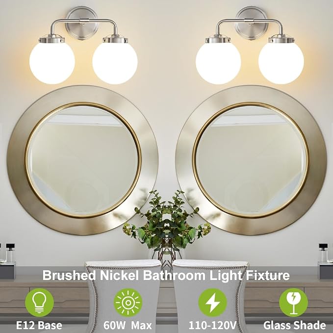 Bathroom Light Fixtures 14in 2-Light Brushed Nickel Vanity Light for Mirror | Dimmable Bathroom Lighting Fixtures over Mirror, ETL, E12 Base Max 60W, Modern Wall Sconce, Milky White Glass Ball Shades