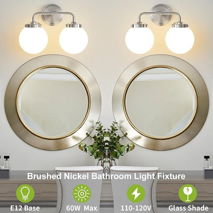 Bathroom Light Fixtures 14in 2-Light Brushed Nickel Vanity Light for Mirror | Dimmable Bathroom Lighting Fixtures over Mirror, ETL, E12 Base Max 60W, Modern Wall Sconce, Milky White Glass Ball Shades