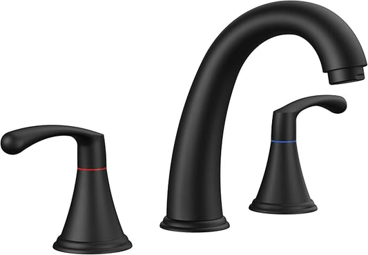FORIOUS Black Bathroom Faucet 3 Hole, Widespread Bathroom Sink Faucet 8 Inch with Pop Up Drain and CUPC Supply Hose, 2 Handle for Vanity Rv Commercial Lavatory Restroom
