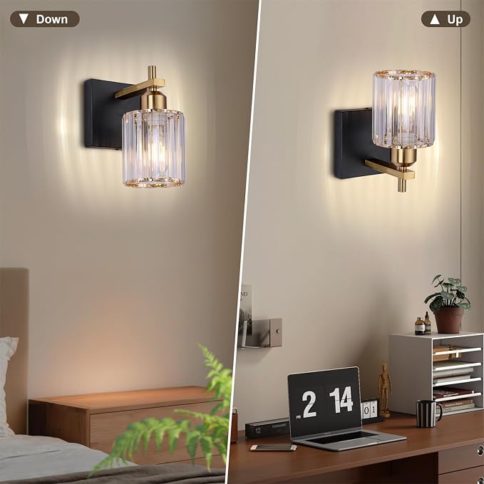 Black Gold Wall Sconces Set of 2: Modern Vanity Lights with Crystal Glass Shade, Bathroom Sconces Set of Two, Crystal Wall Light Fixtures for Bath Mirror Living Room Bedroom Hallway Kitchen, E26 Base