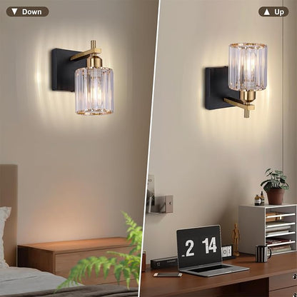 Black Gold Wall Sconces Set of 2: Modern Vanity Lights with Crystal Glass Shade, Bathroom Sconces Set of Two, Crystal Wall Light Fixtures for Bath Mirror Living Room Bedroom Hallway Kitchen, E26 Base