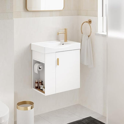 phiestina 20 Inch White Floating Small Bathroom Vanity, Pre-Assembled Wall-Mounted Cabinet with Sink, Left Side Storage, Soft-Close Door, Modern Space-Saving Design, No Faucet, BV07-20-WHITE-PLUS