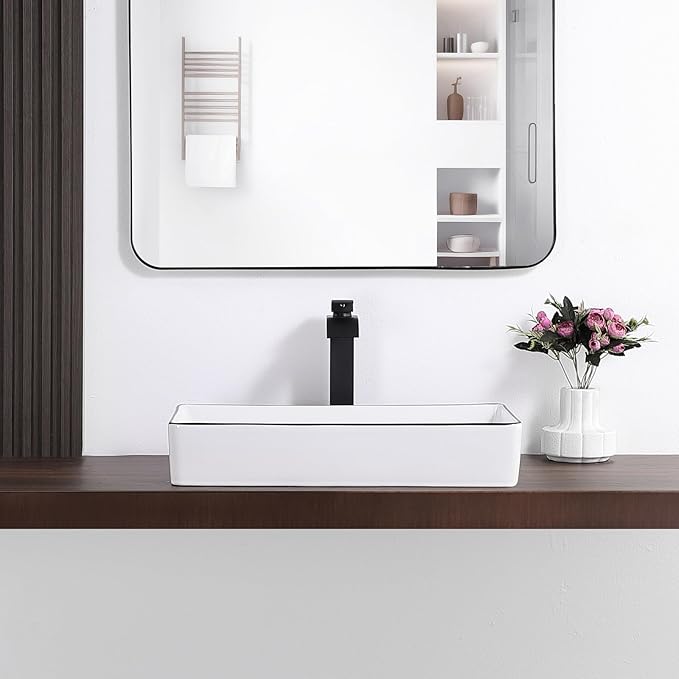 Vessel Sink Rectangle 24"x14" Bathroom Sink Above Counter Porcelain Ceramic White with Black Rim Ceramic Vessel Sinks for Bathrooms