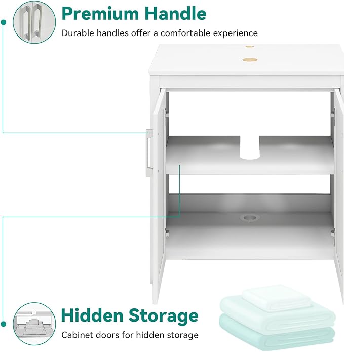 YOURLITE Bathroom Vanity with Sink,30" White Bathroom Vanity Cabinet with White Ceramic Sink Faucet & Pop Up Drain Set
