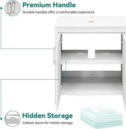 YOURLITE Bathroom Vanity with Sink,30" White Bathroom Vanity Cabinet with White Ceramic Sink Faucet & Pop Up Drain Set