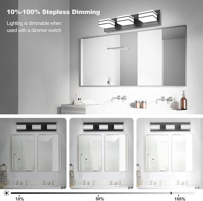 3 Color Temperature Dimmable Bathroom Light Fixtures over Mirror LED Black Vanity Acrylic Stainless Steel Square Shade Lights for Bathroom, ETL Certificated, VL5518