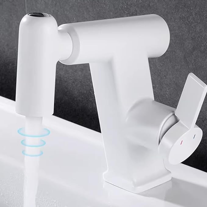 JRUIA White Bathroom Faucet, Brass Sink Mixer Tap, Pull Out Spray, Three Water Output Modes, Modern Swivel Kitchen Faucet,White