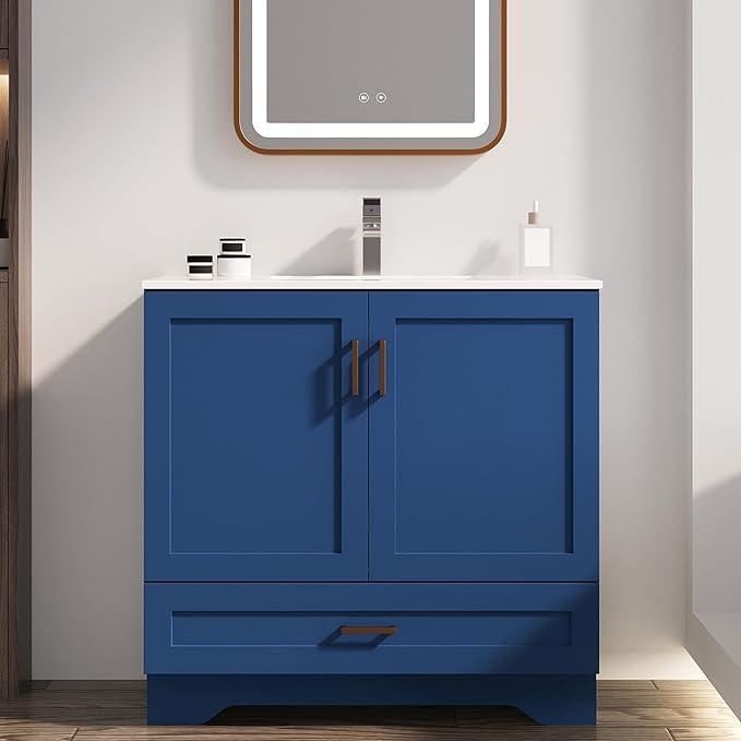 36 inch Bathroom Vanity with Sink, Modern Blue Vanity for Bathroom with Undermount Ceramic Sink, Freestanding 2-Door & 1-Drawer Storage Cabinet, for Small Bathroom Space, (Blue, 36")