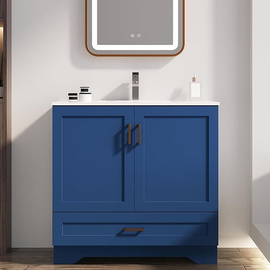 36 inch Bathroom Vanity with Sink, Modern Blue Vanity for Bathroom with Undermount Ceramic Sink, Freestanding 2-Door & 1-Drawer Storage Cabinet, for Small Bathroom Space, (Blue, 36")
