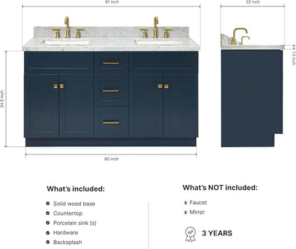 ARIEL Hamlet 60-inch Bathroom Vanity with Sink,Solid Wood, 1.5-inch Italian Carrara Marble Countertop, Double Rectangular Porcelain Sink, 4 Soft Closing Doors, 3 Dovetail Drawers, Midnight Blue
