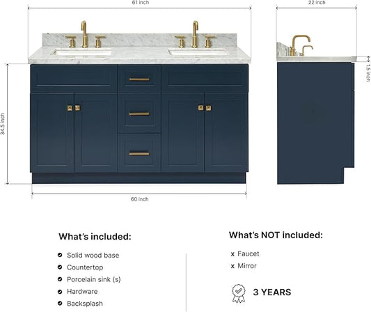ARIEL Hamlet 60-inch Bathroom Vanity with Sink,Solid Wood, 1.5-inch Italian Carrara Marble Countertop, Double Rectangular Porcelain Sink, 4 Soft Closing Doors, 3 Dovetail Drawers, Midnight Blue