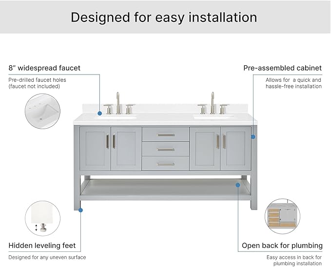ARIEL Magnolia 72-inch Bathroom Vanity with Sink,Solid Wood, 1.5-inch Carrara White Quartz Countertop & Backsplash, Double Rectangular Porcelain Sink, 4 Soft Closing Doors, 3 Dovetail Drawers, Grey