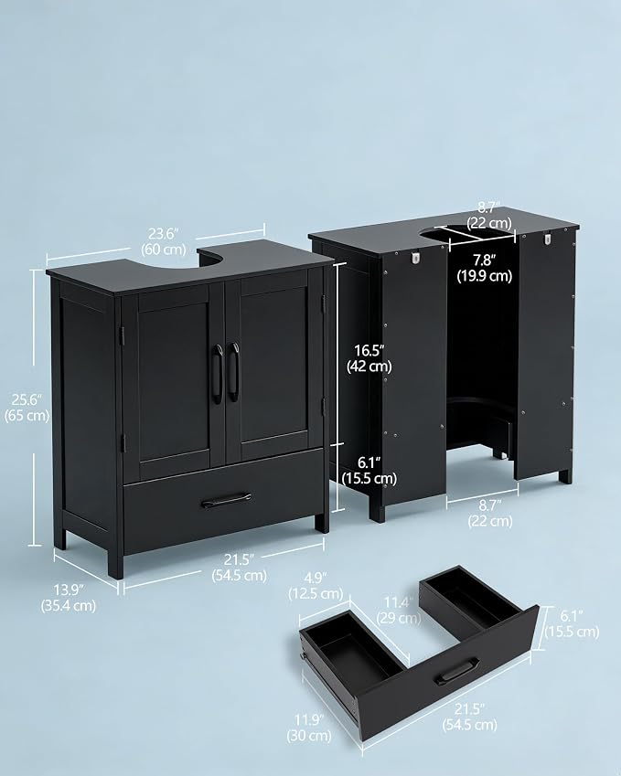 Bathroom Vanity Sink Cabinet, Under Sink Storage Cabinet with 2 Doors, Waterproof Pedestal Sink Cabinet for Bathroom, Laundry Room, Kitchen, Black with Drawer