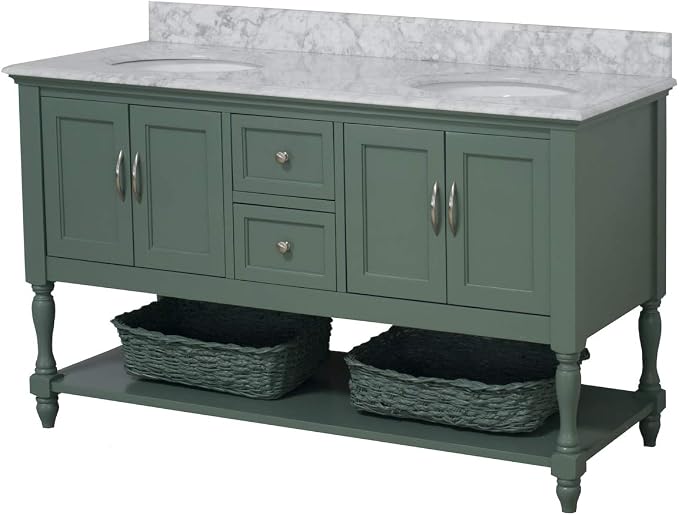 Beverly 60-inch Double Bathroom Vanity (Carrara/Sage Green): Includes Sage Green Cabinet with Authentic Italian Carrara Marble Countertop and White Ceramic Sinks