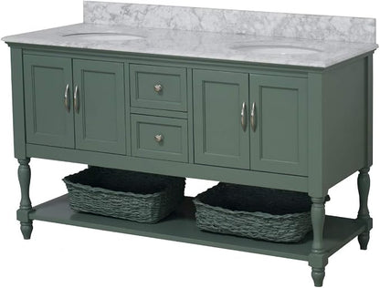 Beverly 60-inch Double Bathroom Vanity (Carrara/Sage Green): Includes Sage Green Cabinet with Authentic Italian Carrara Marble Countertop and White Ceramic Sinks