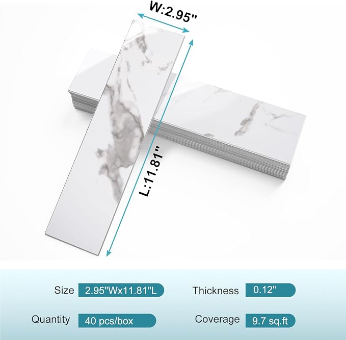 Vamos Tile Peel and Stick Backsplash, Glossy 40-Piece 3''x12'' Subway Tile | White Marble with White Grout Wall Tile,PVC Faux Stone Stick on Subway Tiles for Kitchen,Bathroom,Laundry,Camper