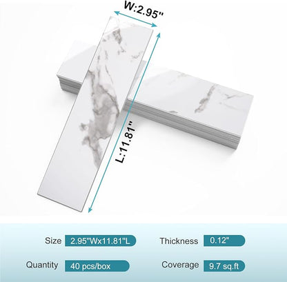Vamos Tile Peel and Stick Backsplash, Glossy 40-Piece 3''x12'' Subway Tile | White Marble with White Grout Wall Tile,PVC Faux Stone Stick on Subway Tiles for Kitchen,Bathroom,Laundry,Camper