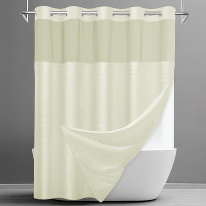 SORTTO No Hook Shower Curtain with Snap in Liner Set Waffle Shower Curtain for Bathroom Hotel Style Fabric Waterproof Inner Liner，71" W x 74" H, Ivory