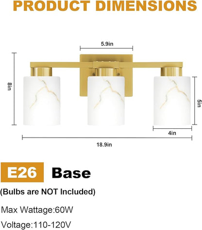 3-Light Bathroom Light Fixtures, Modern Vanity Lights, Gold Metal Wall Lamp with White Marble Glass for Bathroom, Mirror, Living Room, Bedroom, Cabinet, Porch, Hallway, E26 Base