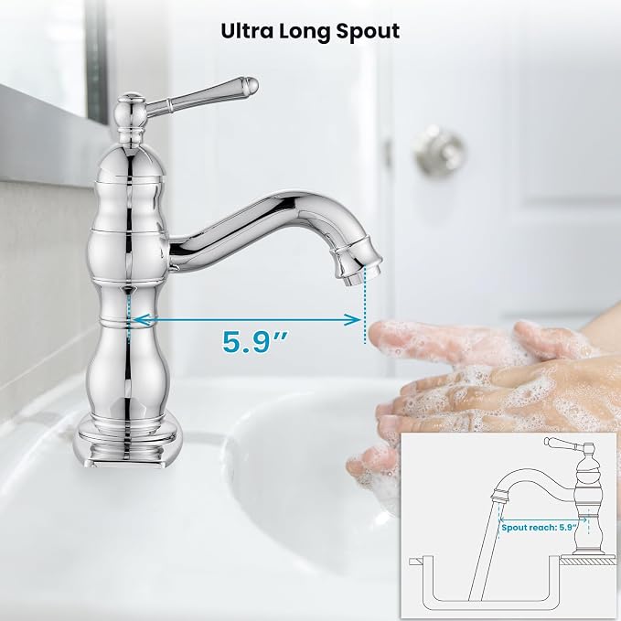 gotonovo Bathroom Faucet 1 Hole Vintage,Polish Chrome,5.9” Spout Reach | Bathroom Sink Faucet for 1 or 3 Hole Single Handle,Deck Plate,360° Swivel Spout,Pop Up Drain,cUPC Supply Hoses,for Vanity RV