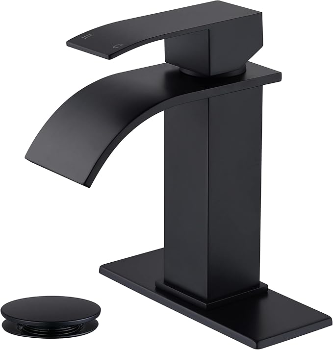 Black Waterfall Bathroom Faucet Single Hole, Bathroom Sink Faucet with Pop Up Drainer Assembly and Deck Plate for 3 Hole Installation JXM122BK