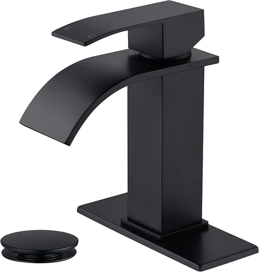 Black Waterfall Bathroom Faucet Single Hole, Bathroom Sink Faucet with Pop Up Drainer Assembly and Deck Plate for 3 Hole Installation JXM122BK