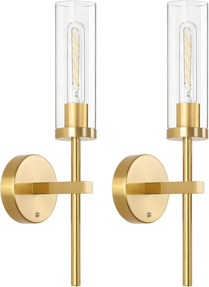 Shenmoyl Battery Operated Wall Sconces Set of 2, Gold Rechargeable Wall Lighting Fixtures, Dimmable Wall Lights with Remote & Clear Glass Shade for Living Room, Bathroom,Bedroom