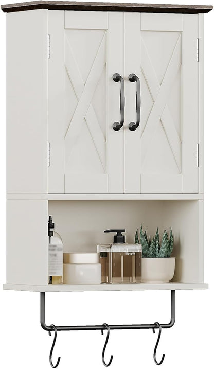 ChooChoo Farmhouse Medicine Cabinet, Bathroom Wall Cabinet with Adjustable Shelf, Towel Bar, 3 Hooks, Over The Toilet Storage Cabinet for Bathroom, Kitchen, Antique White & Brown